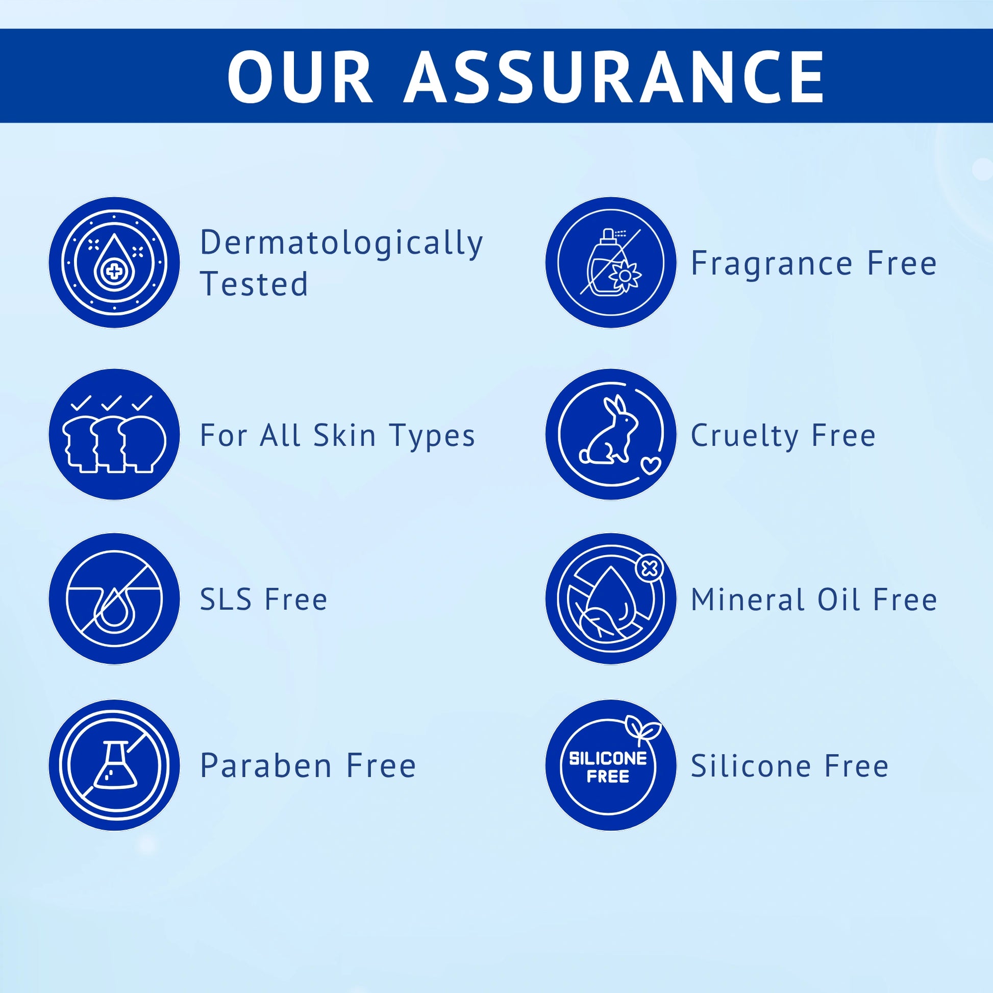 Brand assurance infographic for QTWAYS Vitamin C & Ferulic Acid Face Serum in India, highlighting product safety standards: Dermatologically Tested, Fragrance Free, For All Skin Types, Cruelty Free, SLS Free, Mineral Oil Free, Paraben Free, and Silicone Free.