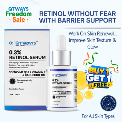 Product banner of QTWAYS 0.3% Retinol Serum with barrier support in India, featuring the 30ml dropper bottle and outer packaging box. The infographic highlights Anti-Aging and Antioxidant properties formulated with Coenzyme Q10, Vitamin E, and Bakuchiol Oil to reduce fine lines, improve skin texture, and promote intensive skin renewal.