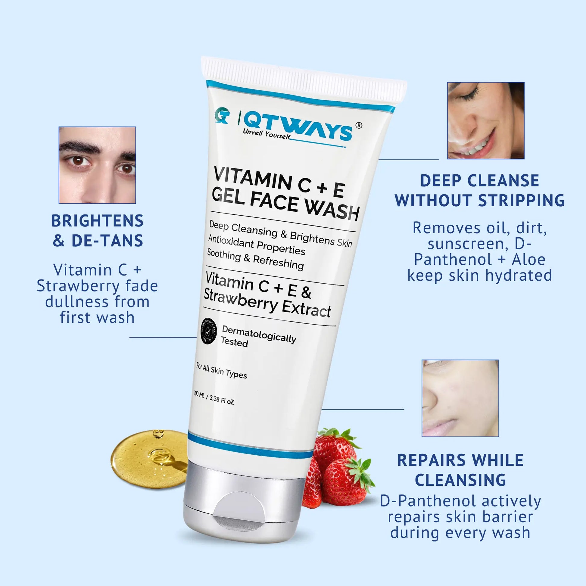 QTWAYS Vitamin C + E Gel Face Wash infographic highlighting deep cleansing without stripping, tan removal, and barrier repair with D-Panthenol and Strawberry Extract for Indian skin types.