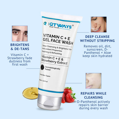 QTWAYS Vitamin C + E Gel Face Wash infographic highlighting deep cleansing without stripping, tan removal, and barrier repair with D-Panthenol and Strawberry Extract for Indian skin types.