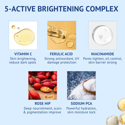 Infographic of QTWAYS Vitamin C & Ferulic Acid Serum in India showcasing its 5-active brightening complex: Vitamin C for skin brightening, Ferulic Acid for UV protection, Niacinamide for pores and skin barrier, Rose Hip for deep nourishment, and Sodium PCA for hydration.