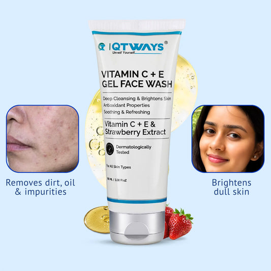 QTWAYS Vitamin C + E Gel Face Wash with Strawberry Extract showing before and after benefits of removing dirt, oil, impurities, and brightening dull skin for all skin types in India.