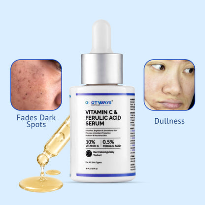 QTWAYS Vitamin C & Ferulic Acid Serum bottle with dropper in India, formulated with 10% Vitamin C and 0.5% Ferulic Acid, showcasing benefits of fading dark spots and reducing skin dullness.
