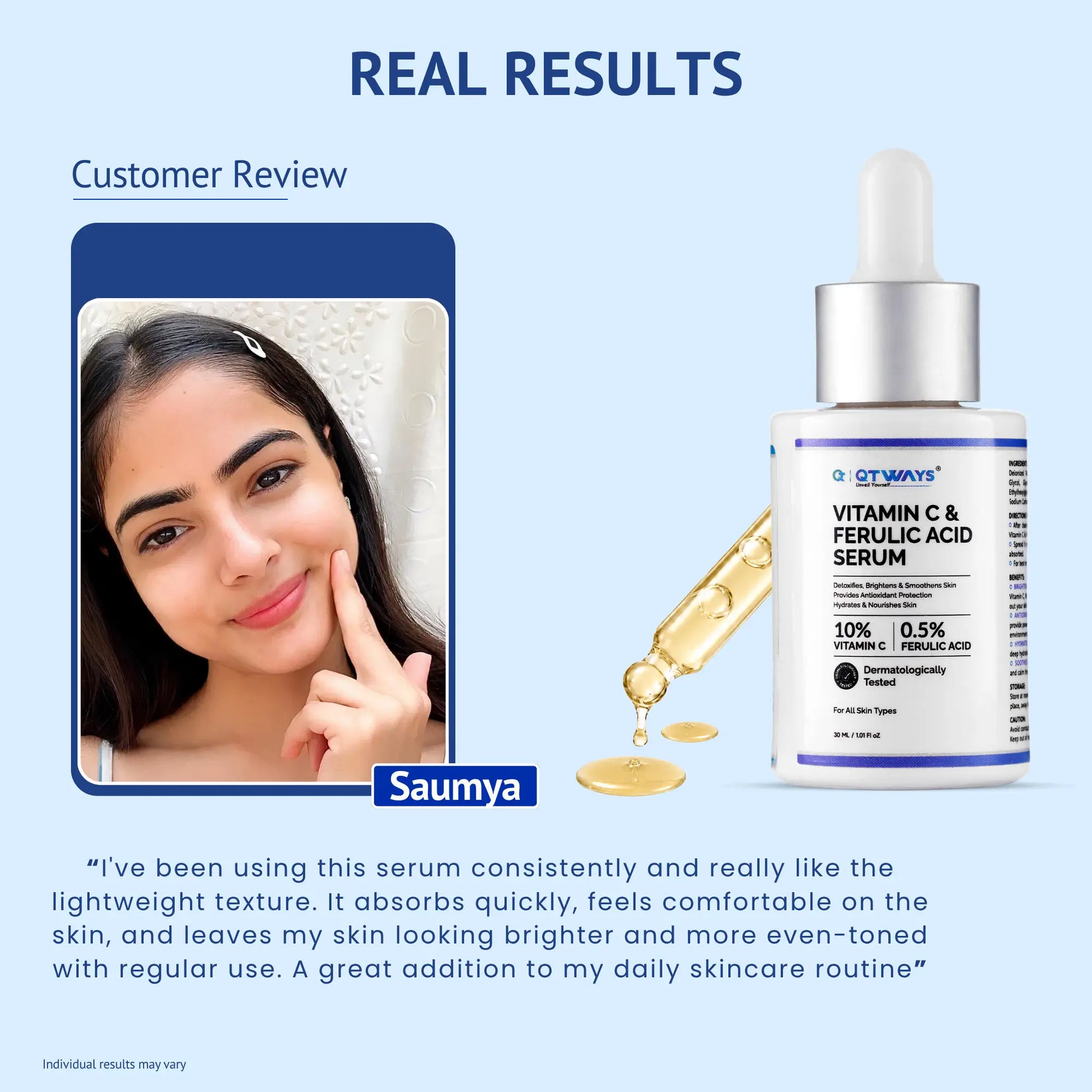 Customer review infographic titled Real Results for QTWAYS Vitamin C & Ferulic Acid Serum in India. It features a glowing skin photo of a customer named Saumya next to the serum bottle, with her testimonial praising the lightweight texture, quick absorption, and brighter, more even-toned skin results.