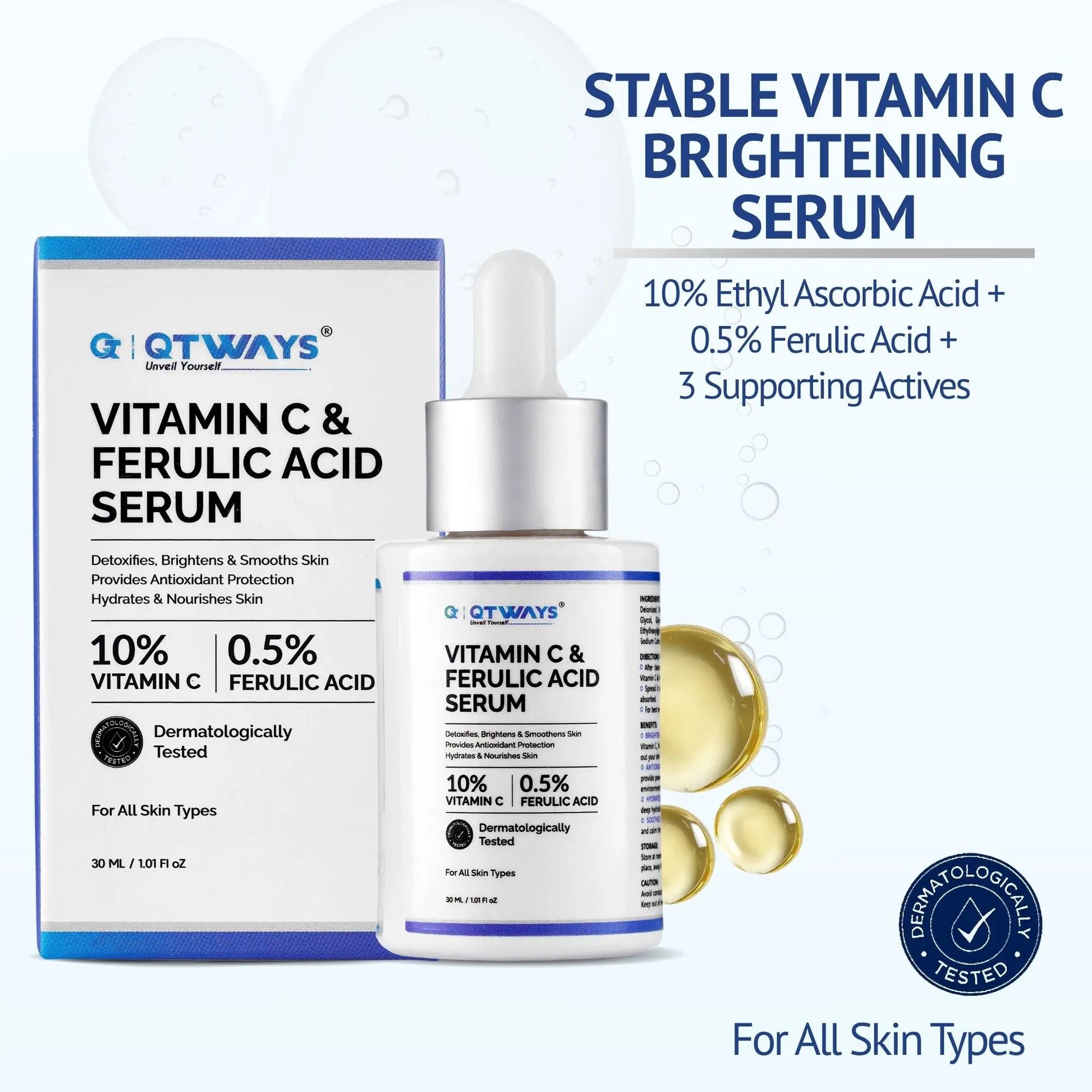 Product banner of QTWAYS Vitamin C and Ferulic Acid Serum in India, featuring the 30ml dropper bottle and outer packaging box. The infographic highlights Stable Vitamin C Brightening Serum formulated with 10% Ethyl Ascorbic Acid, 0.5% Ferulic Acid, and 3 supporting actives, labeled as Dermatologically Tested for all skin types.