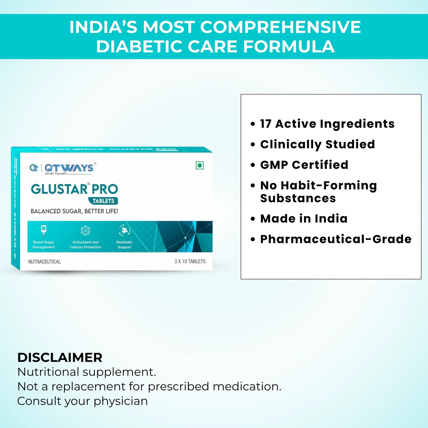 Glustar Pro diabetic care formula with 17 active ingredients and metabolic support