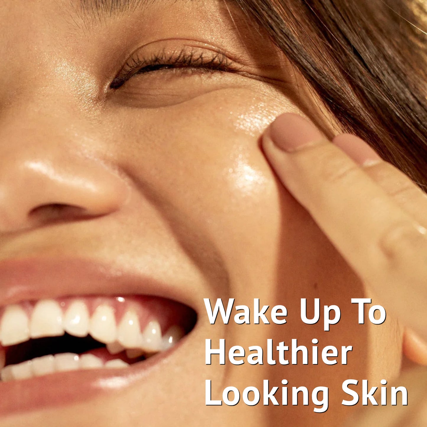 A close-up banner in India featuring a smiling woman touching her healthy, glowing, and radiant cheek, with overlay text reading Wake Up To Healthier Looking Skin, representing the results of QTWAYS Evening Routine Kit.