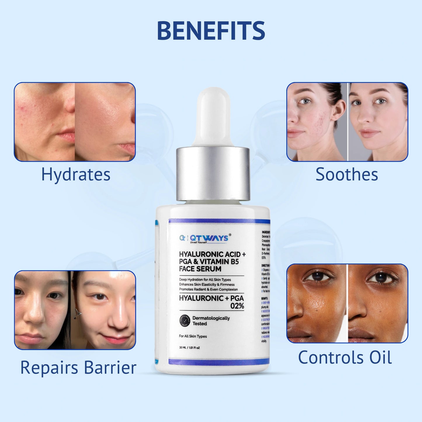 A product infographic showcasing the four skin benefits of QTWAYS Hyaluronic Acid + PGA & Vitamin B5 Face Serum in India, featuring side-by-side closeups for Hydrates, Soothes, Repairs Barrier, and Controls Oil.