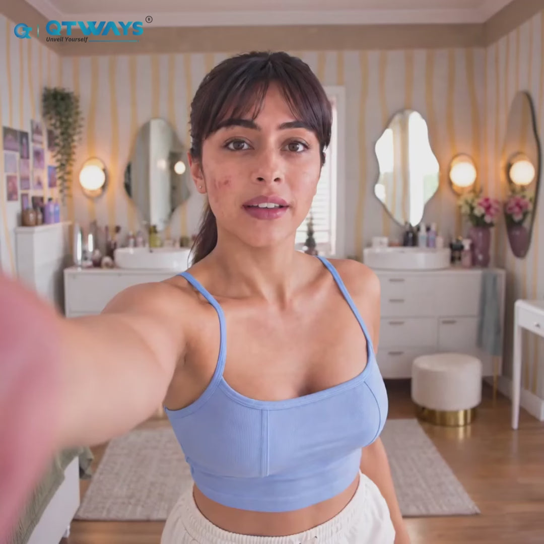 A promotional skincare video for QTWAYS Niacinamide + Kojic Acid & Vitamin B5 Face Serum, featuring a young woman demonstrating how the formula targets dark spots and reveals clear, radiant skin.