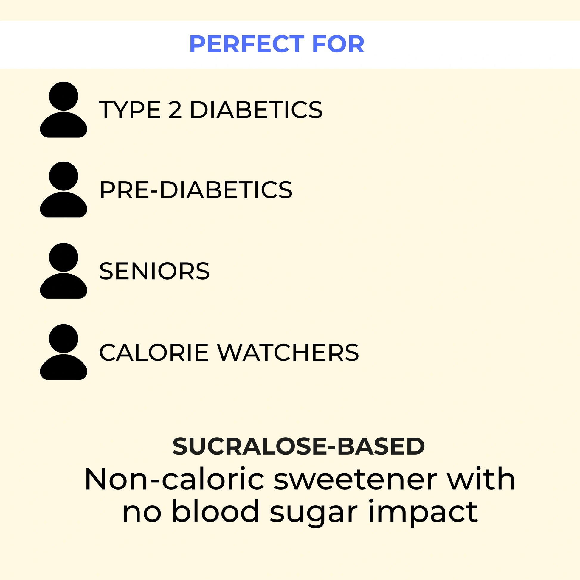Infographic showing Qtways Protigud whey protein suitable for type 2 diabetes, prediabetes, seniors, and calorie-conscious individuals, with sucralose-based sweetener and no blood sugar impact.