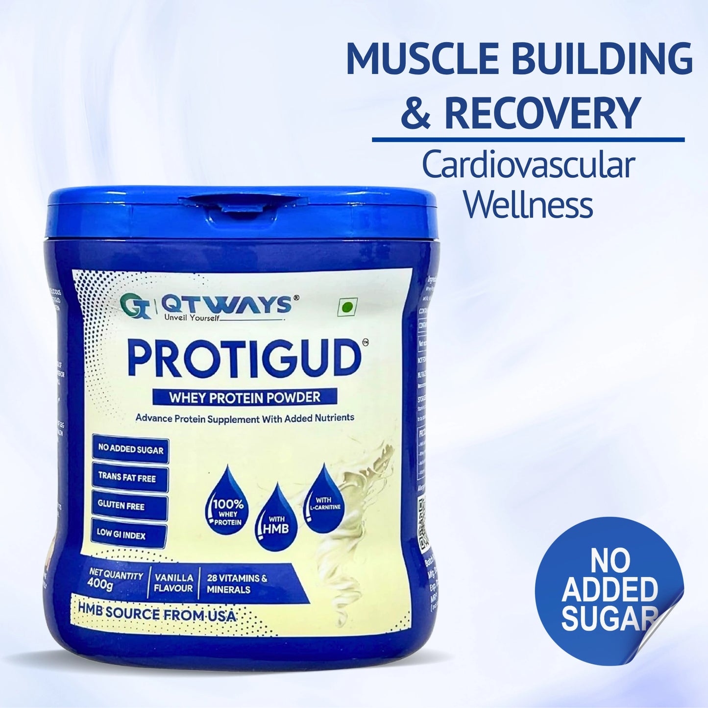 Qtways Protigud whey protein powder with HMB for muscle recovery and cardiovascular wellness, no added sugar.