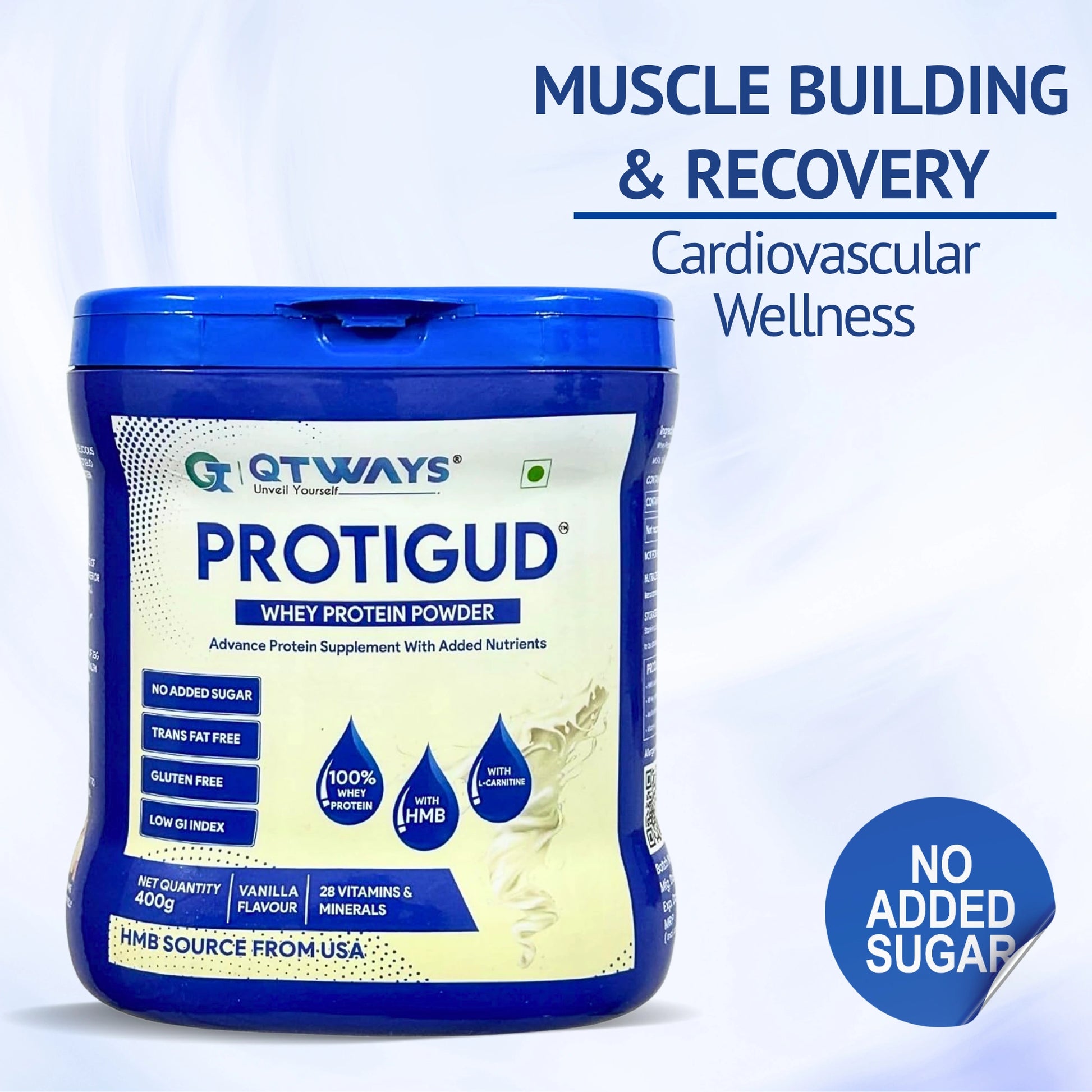 Qtways Protigud whey protein powder with HMB for muscle recovery and cardiovascular wellness, no added sugar.