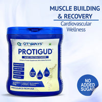 Qtways Protigud whey protein powder with HMB for muscle recovery and cardiovascular wellness, no added sugar.
