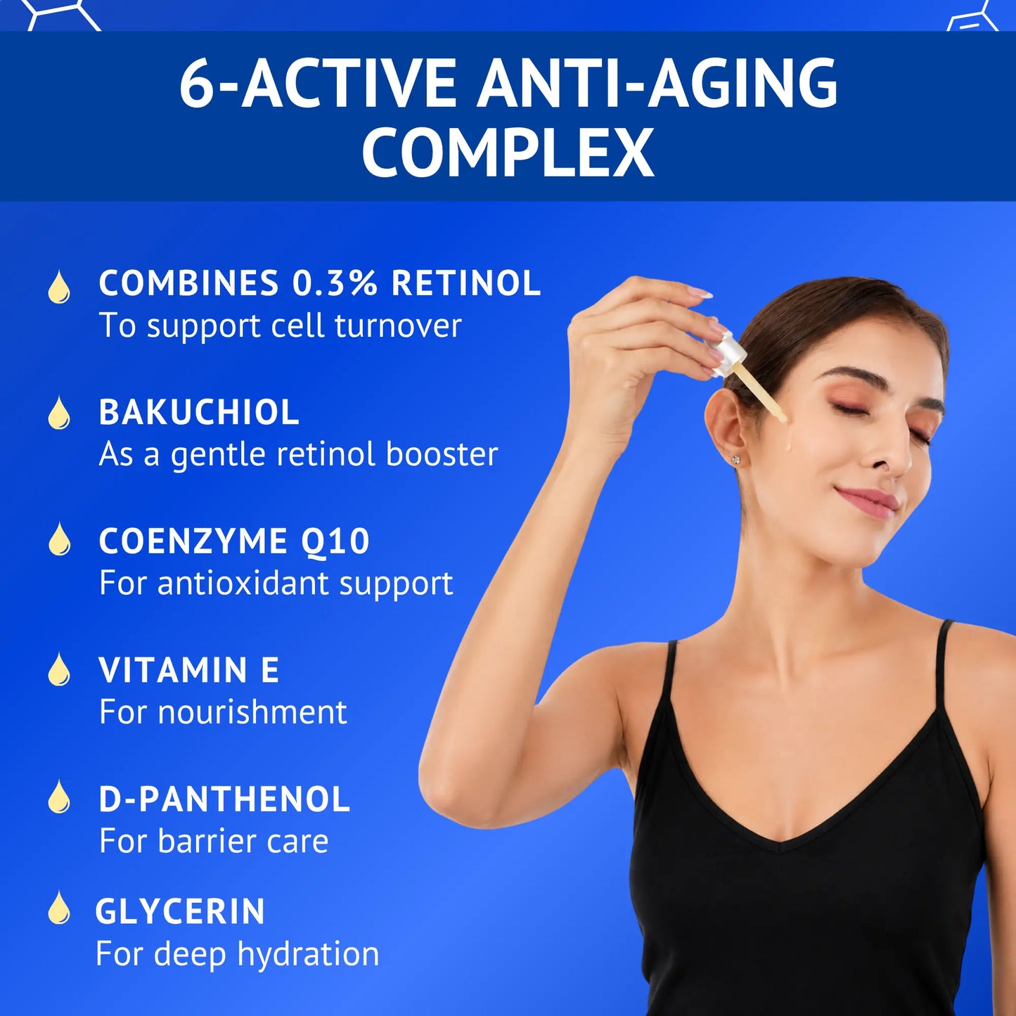 Qtways 0.3% Retinol Serum with 6 active anti-aging ingredients including Retinol, Bakuchiol, Coenzyme Q10, Vitamin E, D-Panthenol and Glycerin. Dermatologically tested serum that supports skin renewal, barrier repair, deep hydration and reduces fine lines for smoother, youthful-looking skin.
