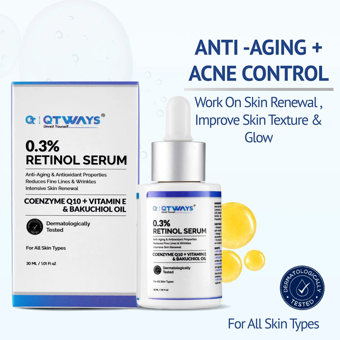 Qtways 0.3% Retinol Serum with Bakuchiol Oil, Coenzyme Q10 and Vitamin E for anti-aging, acne control, skin renewal and improved skin texture. Dermatologically tested retinol face serum that helps reduce fine lines, wrinkles and promotes healthy glowing skin for all skin types.