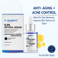 Qtways 0.3% Retinol Serum with Bakuchiol Oil, Coenzyme Q10 and Vitamin E for anti-aging, acne control, skin renewal and improved skin texture. Dermatologically tested retinol face serum that helps reduce fine lines, wrinkles and promotes healthy glowing skin for all skin types.