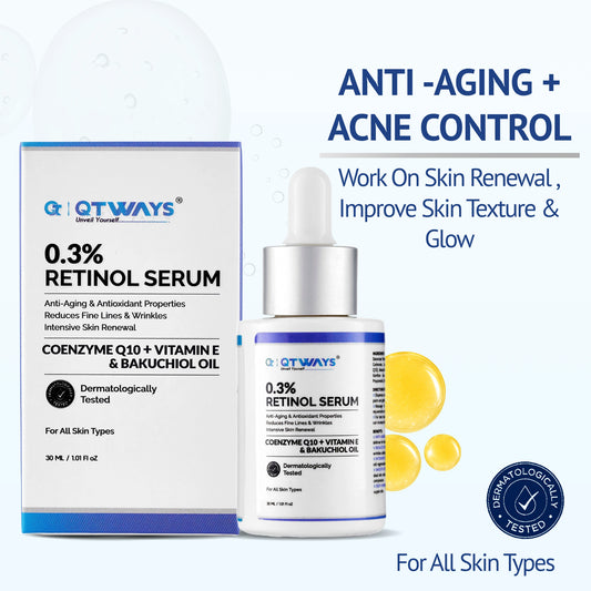 Qtways 0.3% Retinol Serum with Bakuchiol Oil, Coenzyme Q10 and Vitamin E for anti-aging, acne control, skin renewal and improved skin texture. Dermatologically tested retinol face serum that helps reduce fine lines, wrinkles and promotes healthy glowing skin for all skin types.