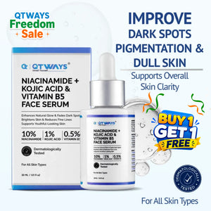 QTWAYS 10% Niacinamide + 1% Kojic Acid + Vitamin B5 Face Serum 30ml for dark spots, pigmentation and dull skin, dermatologically tested brightening serum for all skin types.