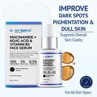 Qtways 10% Niacinamide, 1% Kojic Acid and Vitamin B5 Face Serum designed to improve dark spots, pigmentation and dull skin while supporting overall skin clarity, enhancing radiance and promoting an even-toned complexion for all skin types.