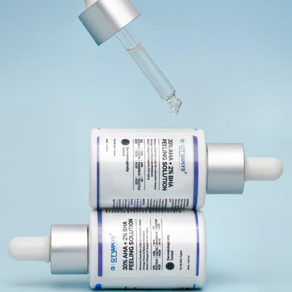Close-up product shot of Qtways 30% AHA + 2% BHA Peeling Solution featuring a serum dropper dispensing exfoliating solution above the bottle. Professional skincare image highlighting a multi-acid formula with Glycolic Acid, Lactic Acid, Mandelic Acid and Salicylic Acid for smoother-looking skin and refined pores.