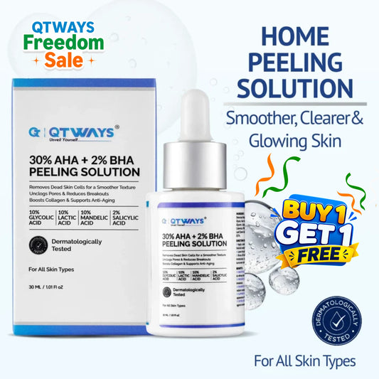 Qtways 30% AHA + 2% BHA Peeling Solution with Glycolic Acid, Lactic Acid, Mandelic Acid and Salicylic Acid. Dermatologically tested home peeling serum designed to exfoliate dead skin cells, unclog pores, improve skin texture and promote smoother, clearer and glowing skin.