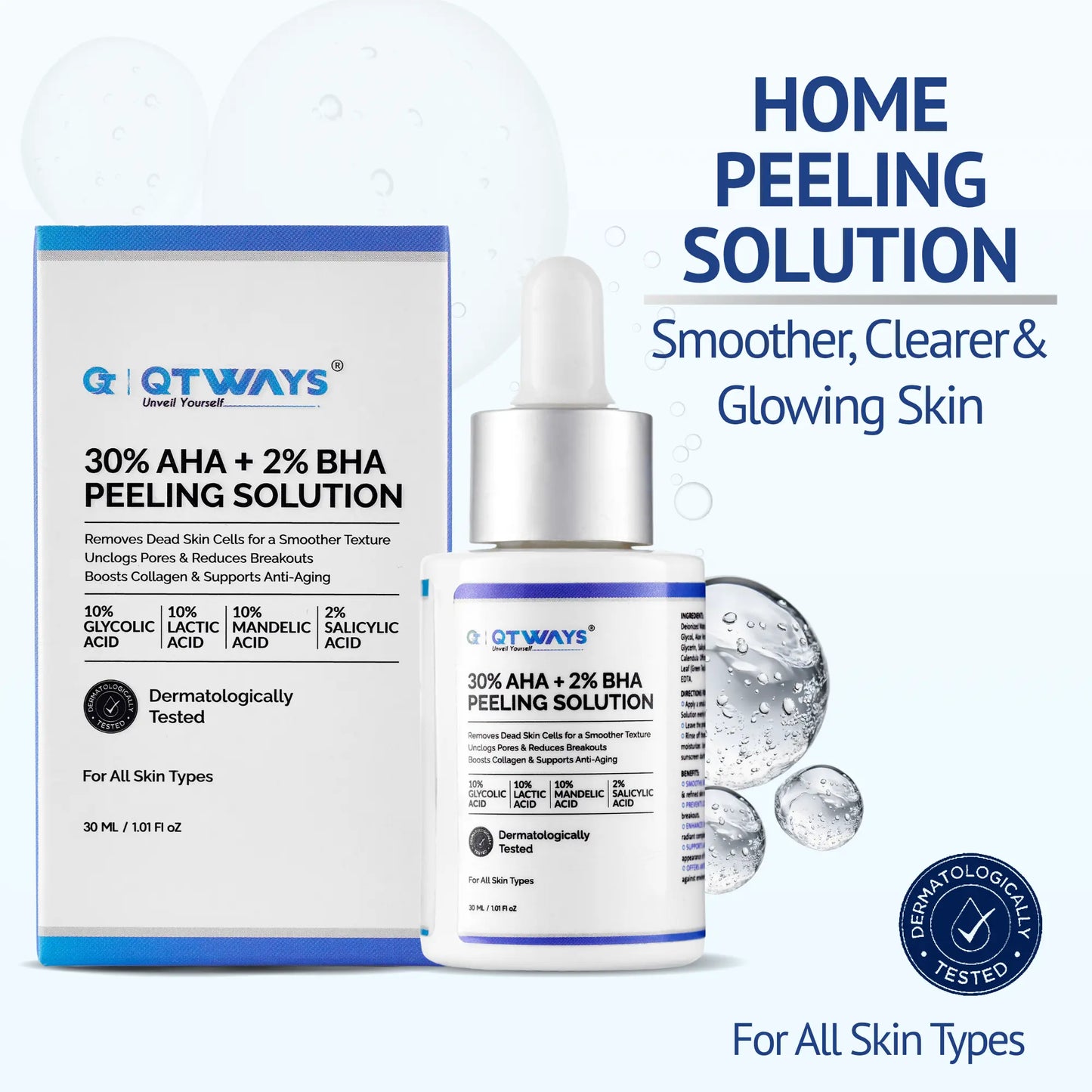 Qtways 30% AHA + 2% BHA Peeling Solution with Glycolic Acid, Lactic Acid, Mandelic Acid and Salicylic Acid. Dermatologically tested home peeling serum designed to exfoliate dead skin cells, unclog pores, improve skin texture and promote smoother, clearer and glowing skin.