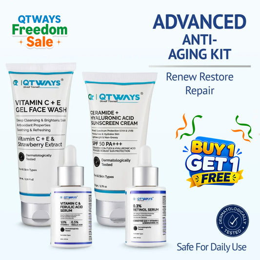 Qtways Advanced Anti-Aging Kit featuring Vitamin C Face Wash, Vitamin C + Ferulic Acid Serum, Retinol Serum, and Ceramide + Hyaluronic Acid SPF 50 PA++++ Sunscreen. Dermatologically tested skincare routine designed to renew, restore, and repair skin while being safe for daily use.