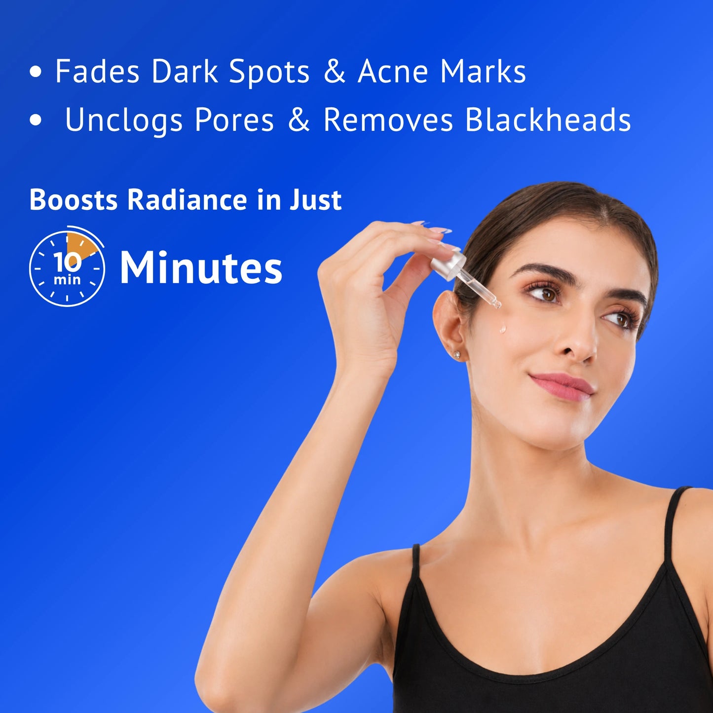 Woman applying Qtways 30% AHA + 2% BHA Peeling Solution to help fade dark spots, reduce acne marks, unclog pores and remove blackheads. Multi-acid exfoliating treatment formulated with Glycolic Acid, Lactic Acid, Mandelic Acid and Salicylic Acid for smoother, brighter and more radiant-looking skin.