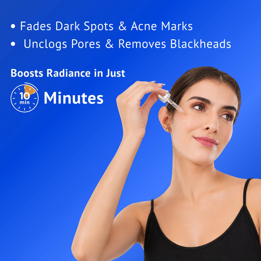 Woman applying Qtways 30% AHA + 2% BHA Peeling Solution to help fade dark spots, reduce acne marks, unclog pores and remove blackheads. Multi-acid exfoliating treatment formulated with Glycolic Acid, Lactic Acid, Mandelic Acid and Salicylic Acid for smoother, brighter and more radiant-looking skin.