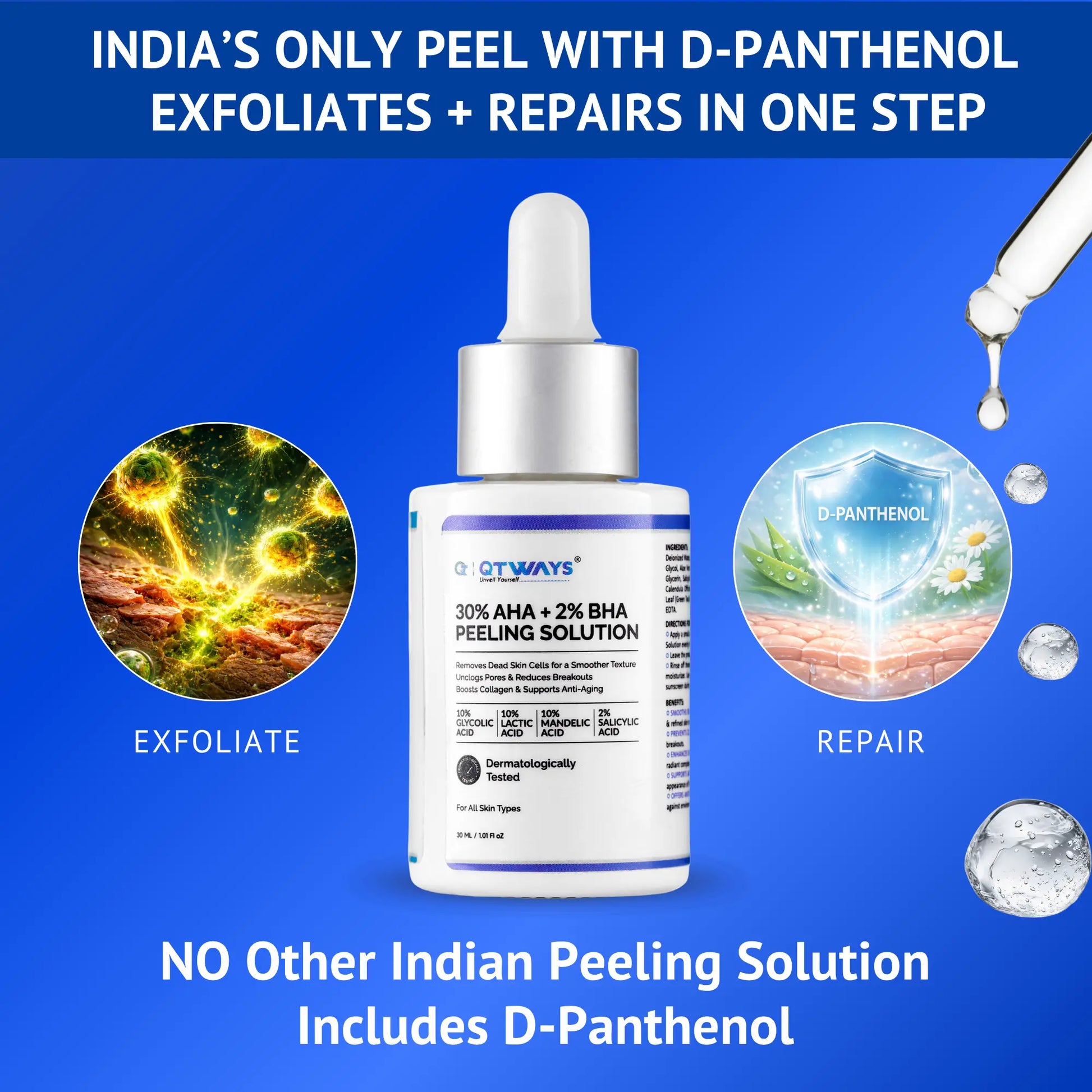 Qtways 30% AHA + 2% BHA Peeling Solution with D-Panthenol for exfoliation and skin barrier repair. Formulated with Glycolic Acid, Lactic Acid, Mandelic Acid and Salicylic Acid to remove dead skin cells, unclog pores, improve texture and reveal smoother, brighter skin while supporting barrier recovery.