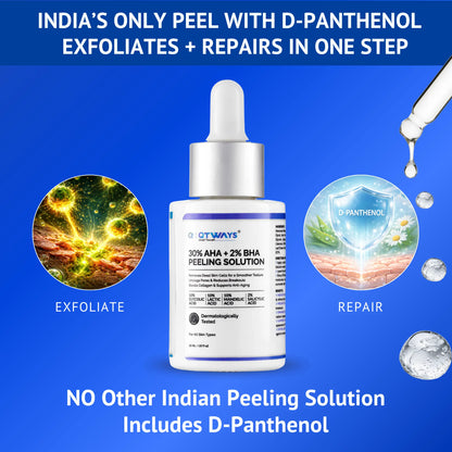 Qtways 30% AHA + 2% BHA Peeling Solution with D-Panthenol for exfoliation and skin barrier repair. Formulated with Glycolic Acid, Lactic Acid, Mandelic Acid and Salicylic Acid to remove dead skin cells, unclog pores, improve texture and reveal smoother, brighter skin while supporting barrier recovery.