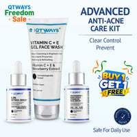 Qtways Anti-Acne Kit with Retinol Serum, Niacinamide Serum, and Vitamin C Face Wash to reduce active acne, fade acne marks, control excess oil, and improve skin clarity for healthier-looking skin.
