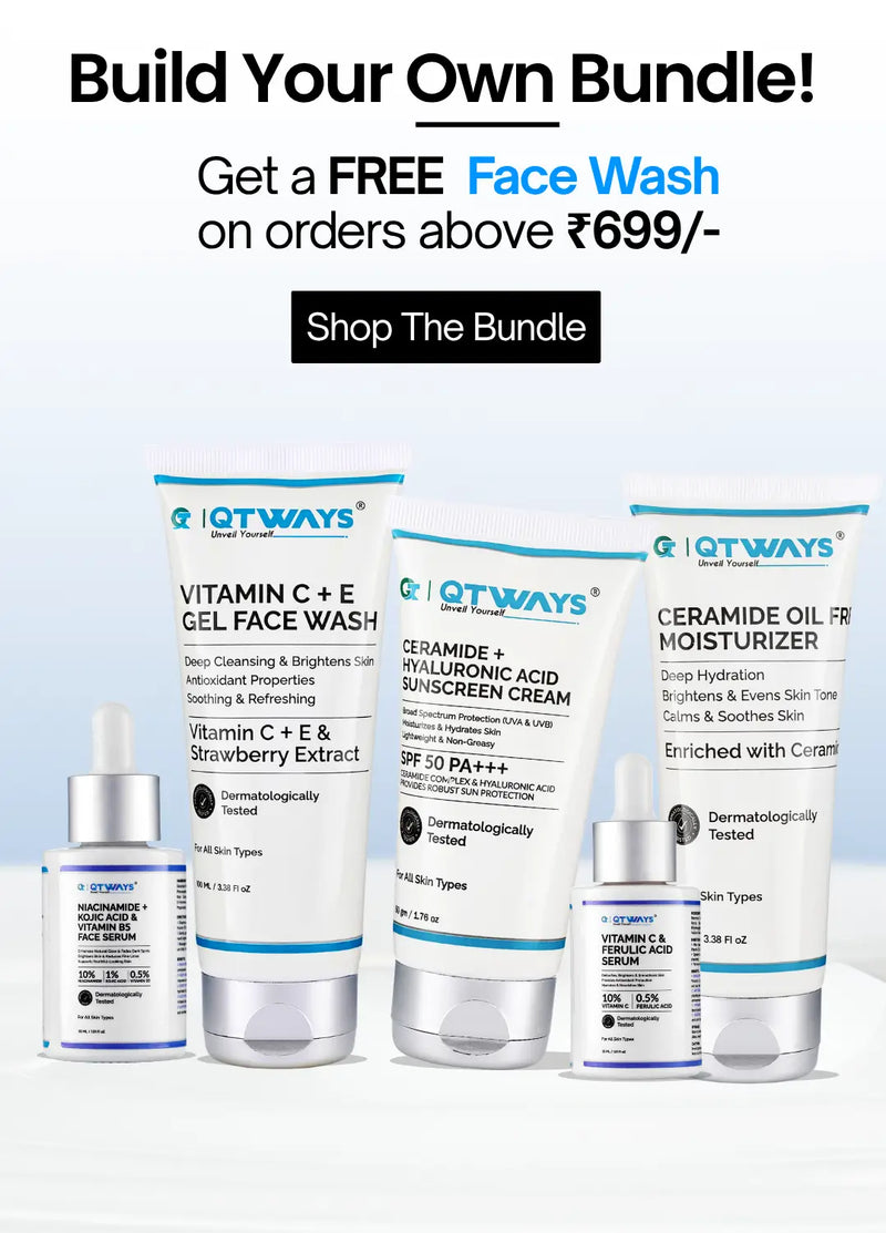 Qtways Build Your Own Bundle mobile banner featuring Vitamin C face wash, niacinamide serum, vitamin C serum, ceramide moisturizer and SPF 50 sunscreen with a free face wash on orders above ₹699.