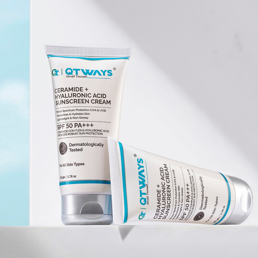 QTWAYS Ceramide and Hyaluronic Acid Sunscreen Cream SPF 50 PA++++ lightweight non greasy sunscreen 