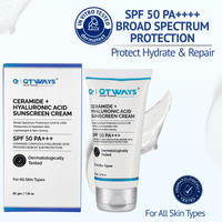 QTWAYS Ceramide and Hyaluronic Acid Sunscreen Cream SPF 50 PA++++ for all skin types with broad spectrum UV protection skin hydration and barrier repair benefits