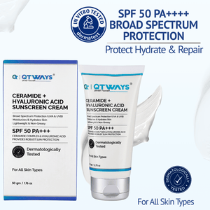 QTWAYS Ceramide and Hyaluronic Acid Sunscreen Cream SPF 50 PA++++ for all skin types with broad spectrum UV protection skin hydration and barrier repair benefits