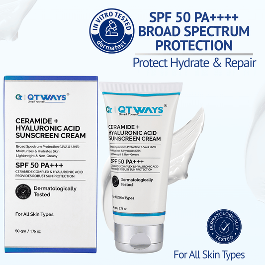 QTWAYS Ceramide and Hyaluronic Acid Sunscreen Cream SPF 50 PA++++ for all skin types with broad spectrum UV protection skin hydration and barrier repair benefits