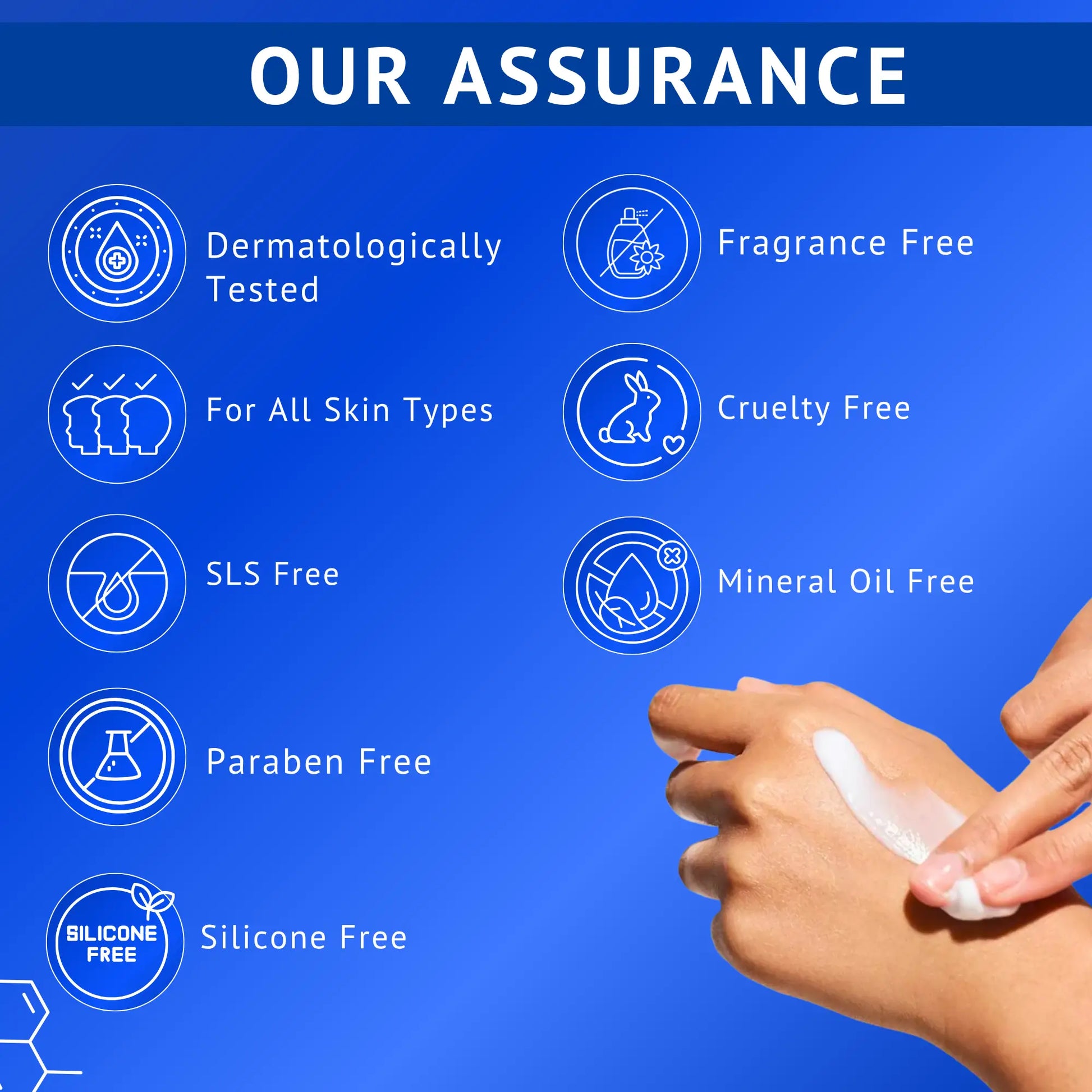 Benefits infographic for Qtways Ceramide and Hyaluronic Acid Sunscreen SPF 50 PA++++ highlighting dermatologist-tested, fragrance-free, cruelty-free, paraben-free, silicone-free and mineral oil-free protection suitable for all skin types.