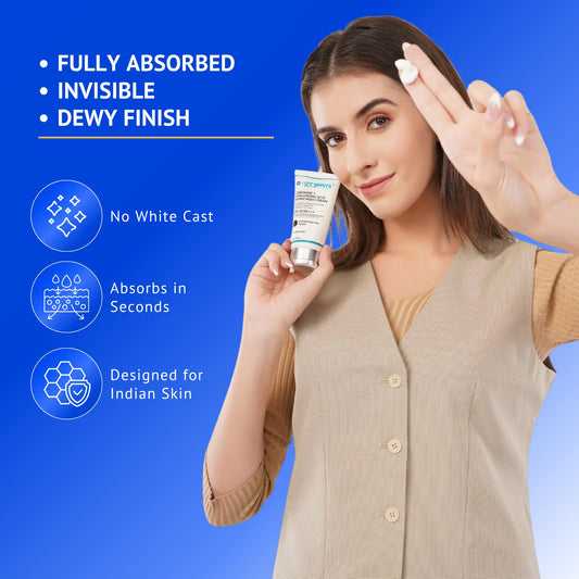 Woman demonstrating Qtways Ceramide and Hyaluronic Acid Sunscreen SPF 50 PA++++ with a lightweight invisible finish, no white cast, quick absorption and a dewy glow designed for Indian skin tones.