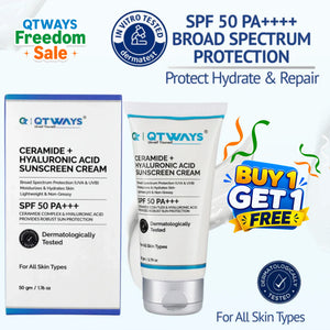 Front view of Qtways Ceramide and Hyaluronic Acid Sunscreen SPF 50 PA++++ with broad spectrum UVA and UVB protection, lightweight hydration and barrier repair for all skin types.