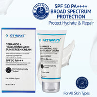 Front view of Qtways Ceramide and Hyaluronic Acid Sunscreen SPF 50 PA++++ with broad spectrum UVA and UVB protection, lightweight hydration and barrier repair for all skin types.