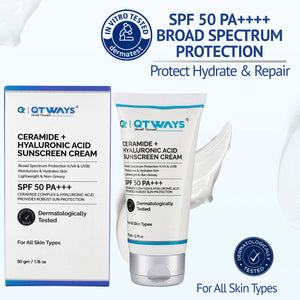 Front view of Qtways Ceramide and Hyaluronic Acid Sunscreen SPF 50 PA++++ with broad spectrum UVA and UVB protection, lightweight hydration and barrier repair for all skin types.
