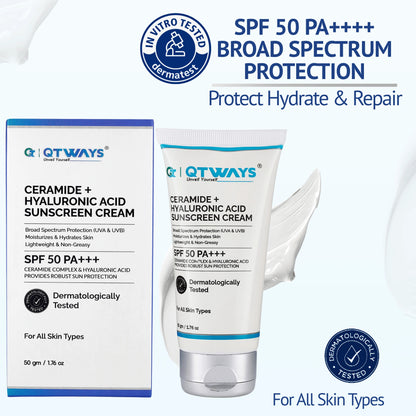 Front view of Qtways Ceramide and Hyaluronic Acid Sunscreen SPF 50 PA++++ with broad spectrum UVA and UVB protection, lightweight hydration and barrier repair for all skin types.