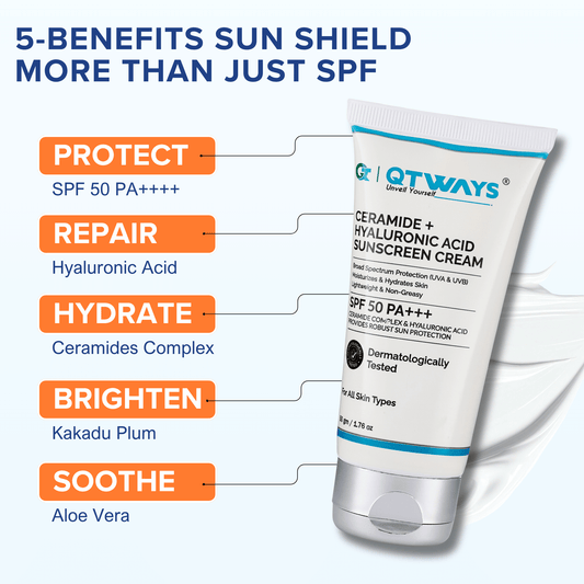 QTWAYS Ceramide and Hyaluronic Acid Sunscreen Cream SPF 50 PA++++ with ceramides hyaluronic acid kakadu plum and aloe vera for hydration repair brightening and sun protection