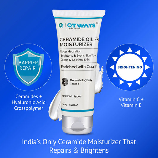 Qtways Ceramide Oil-Free Moisturizer with Ceramides and Hyaluronic Acid Crosspolymer for skin barrier repair, enriched with Vitamin C and Vitamin E to brighten and hydrate the skin for a healthy radiant complexion.