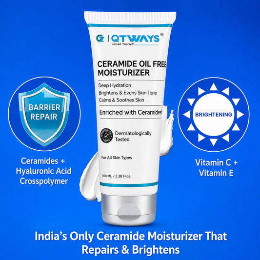 Qtways Ceramide Oil-Free Moisturizer with Ceramides and Hyaluronic Acid Crosspolymer for skin barrier repair, enriched with Vitamin C and Vitamin E to brighten and hydrate the skin for a healthy radiant complexion..