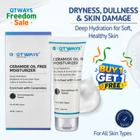 Front view of Qtways Ceramide Oil-Free Moisturizer enriched with ceramides for deep hydration, skin barrier repair and brightening, helping to reduce dryness and dullness while keeping skin soft and healthy for all skin types.