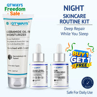 Qtways Evening Routine Kit with 0.3% Retinol Serum, 30% AHA + 2% BHA Peeling Solution, and Ceramide Oil-Free Moisturizer for dark spots, acne marks, uneven skin tone, and overnight skin barrier repair.