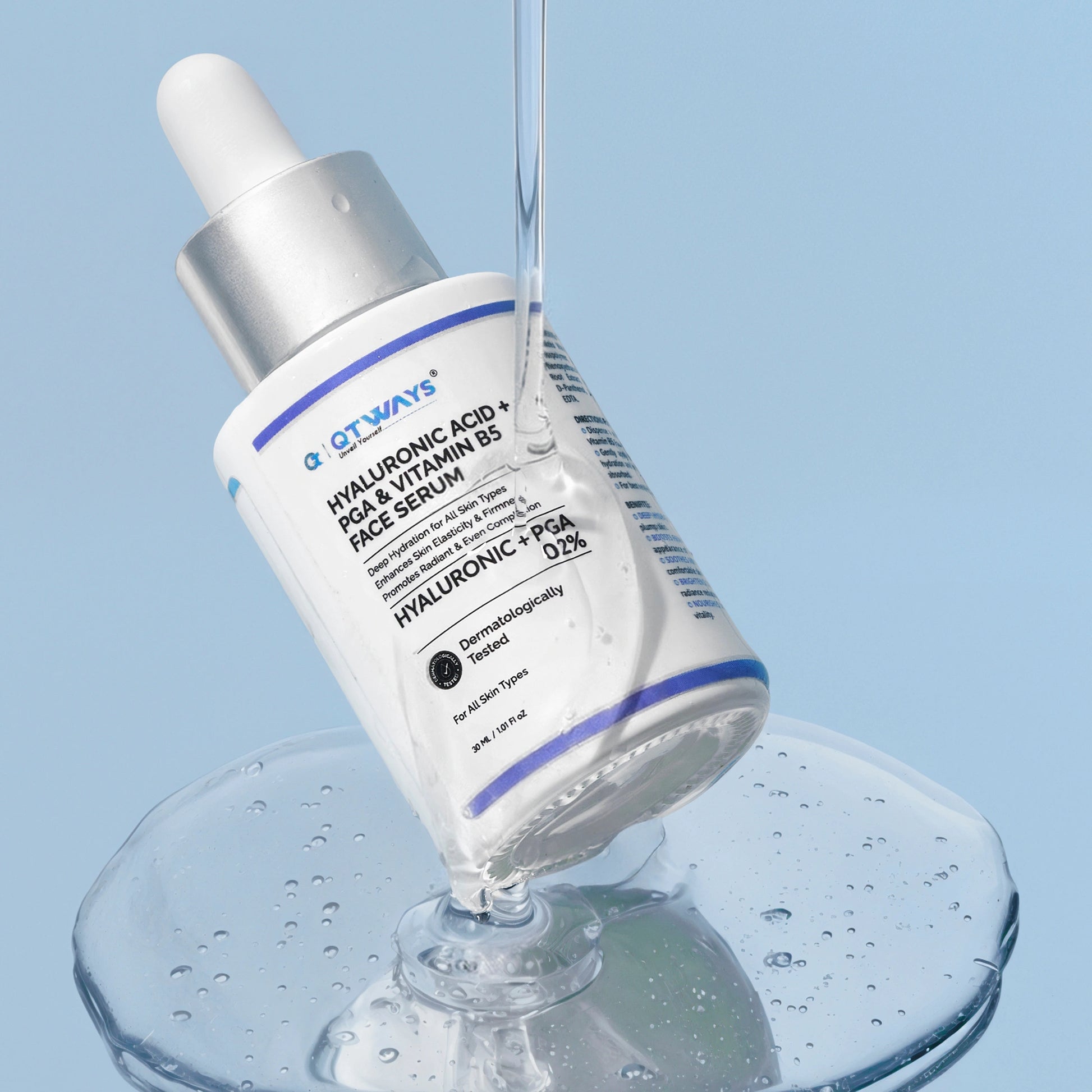 Qtways Hyaluronic Acid, Polyglutamic Acid and Vitamin B5 Face Serum bottle surrounded by hydrating serum gel, showcasing intense moisture retention, skin barrier support, plumping hydration and radiant skin benefits for all skin types.