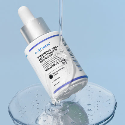 Qtways Hyaluronic Acid, Polyglutamic Acid and Vitamin B5 Face Serum bottle surrounded by hydrating serum gel, showcasing intense moisture retention, skin barrier support, plumping hydration and radiant skin benefits for all skin types.